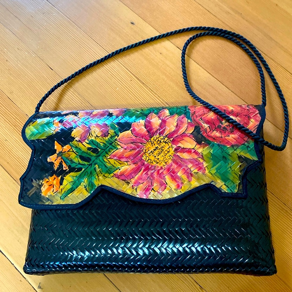Vintage Woven Purse, Painted Floral Design, Made in the Philippines